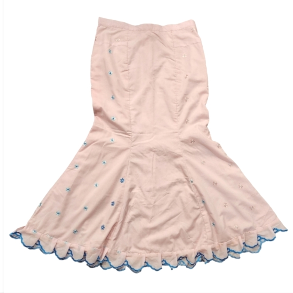 Vintage Mermaid Pink Cotton Maxi Skirt with Embroidered Flowers - Picture 2 of 8